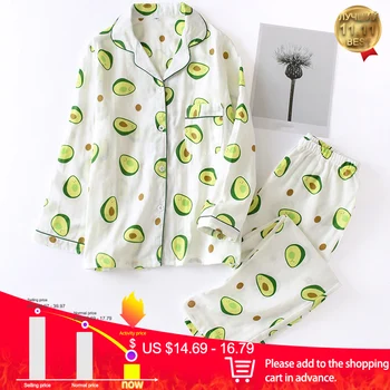 

100% Cotton Cute Cartoon Women's Pajamas Set Avocado Printed Nightwear Female Sets Turn-down Neck Shirt+Pants Lady Home Clothes