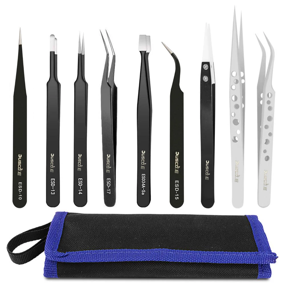 

Dusco.E ESD Tweezers Set 9pcs Stainless Steel Anti-static Precision Tweezers for Electronic Mobile Phone Repair Tools pinzas kit