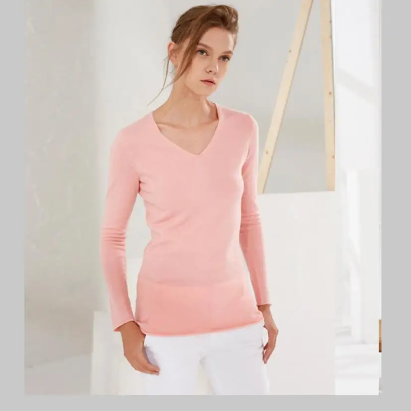 

100 Cashmere Sweater Women Solid V-Neck Pullover Pink Knitted Sweater Lady Soft High Quality Free Shipping