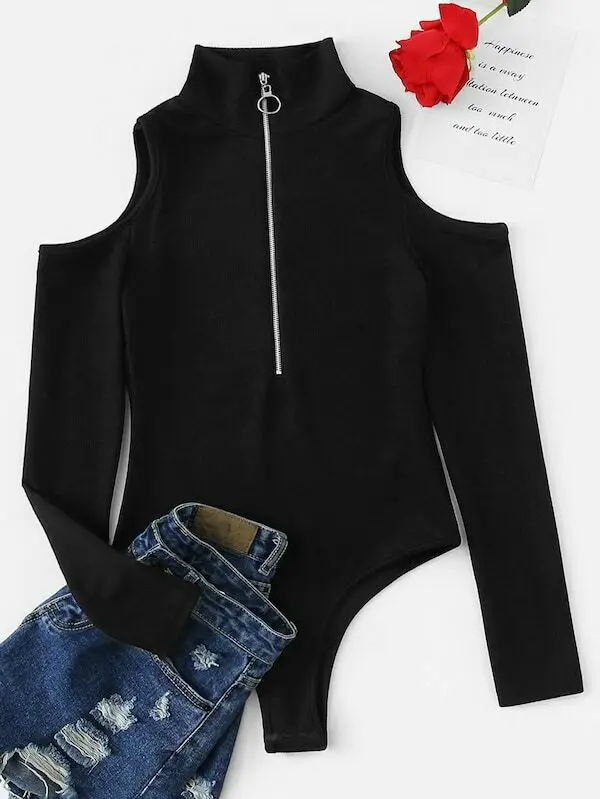 Women Turtle Neck Bodysuit Long Sleeve Solid Black Leotard Body Top Off Shoulder Zipper Stretch Basic Top Sexy Bodysuits