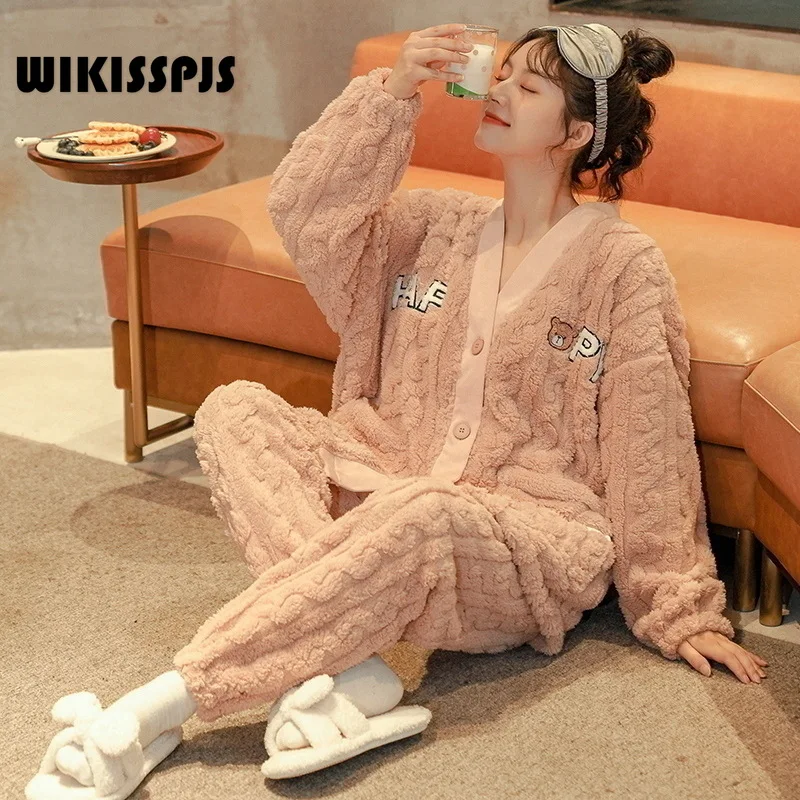 

WIKISSPJS Pajamas Women's Autumn Winter 2022 New Coral Plush Thickened Flannel Home Suit Lounge Wear Kawaii Pajama Bedroom Set