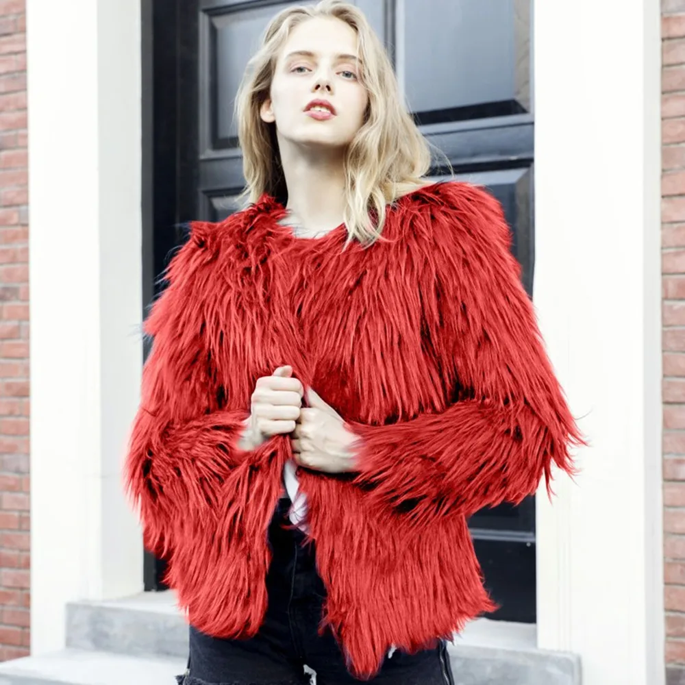 

vintage fluffy shaggy shag artificial faux fake fur jacket coat outerwear for women red black blue pink green winter warm coats