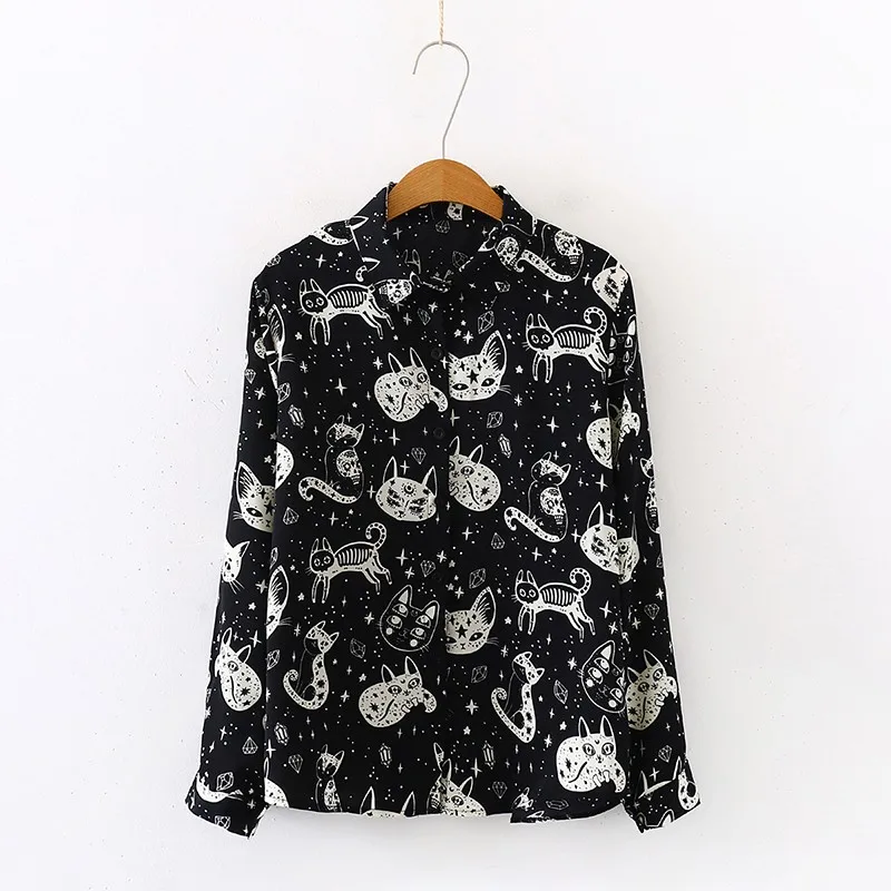 Женская рубашка с рисунком кота, персональные топы и блузки, модная Офисная Женская рубашка с длинным рукавом, белая, Черная - Цвет: B