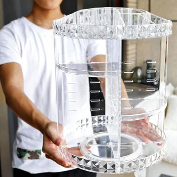 

Acrylic Cosmetic Storage Box 360 Degree Rotating Stand Desktop Makeup Display Rack for Women (Large, Diamond Pattern)