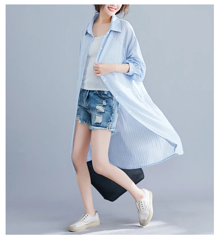 Korean Loose Long Women Sunscreen Trench Coat Summer Turn-down Collar Long Sleeve Striped Causal Women Coats New AE804