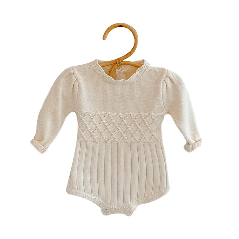 

Spring Autumn Bottoming Female Baby Long-Sleeved Knitted Romper Puff Sleeve One-Piece Triangle Bag Fart Crawling Clothes