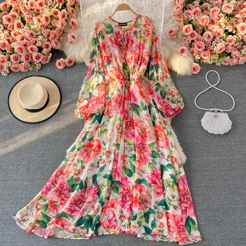 Banulin Runway Spring Summer Vacation Dress Women Elegant Bat Sleeve Rose Print Bohemian Lady Chiffon Long Maxi Dress N76637