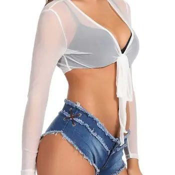 

Womens Sexy Sheer Mesh Crop Top Long Sleeve V-Neck Open Front Tie-up Cardigan M7DD