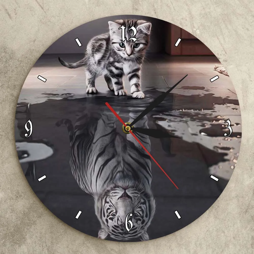 Табби котенок отражение белый тигр мотивационные стены Искусство дома декоративные часы отражение душа кошка отражение Тигр настенные часы