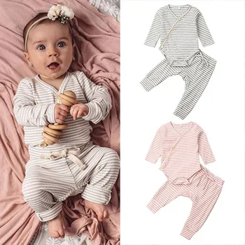 

Spring And Autumn Infant Casual Tracksuit Outfits 2Pcs Toddler Long Sleeve Diagonal Buckle Stripe Clothing Set