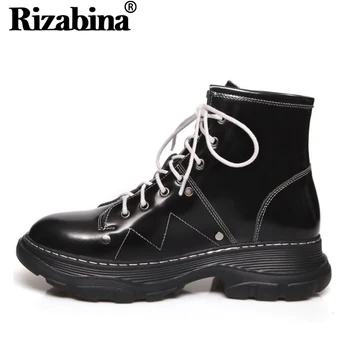 

RIZABINA Women Winter Brand Ankle Boots Real Leather Hot Sale Fashion Motorcycle Boots Round Toe Shoes Woman Size 34-43