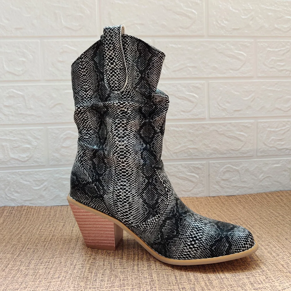 New Spring Winter Fashion Snake Grain Round Toe Slip-On Boots Square Heels Vintage Women Boots mid-calf boots shoes#O22