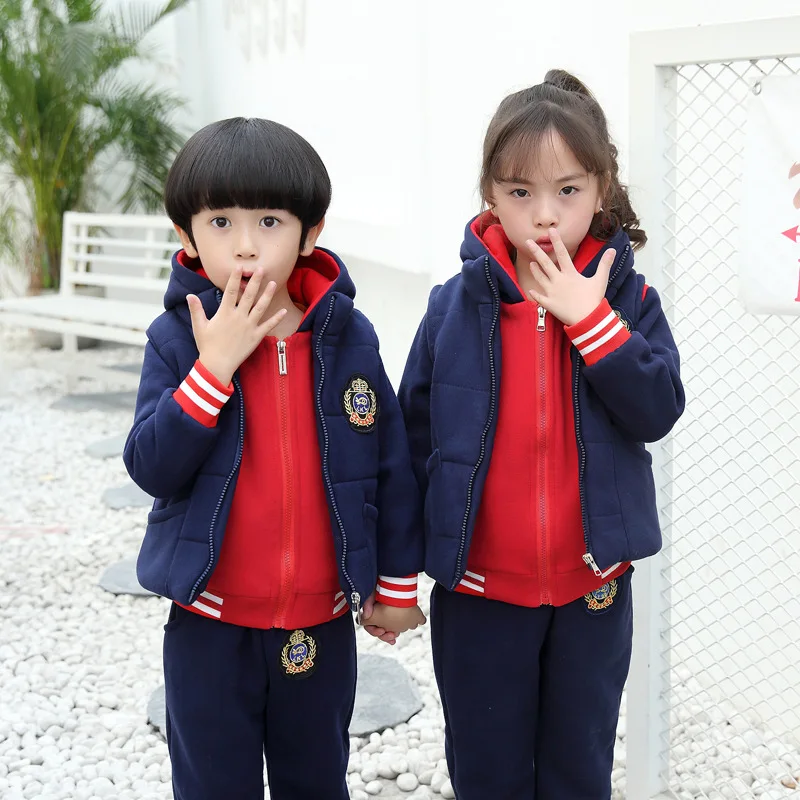 

2019 Winter New Style BOY'S Girls Uniforms Kindergarten Suit Three-piece Set Thick Hoodie Vest Suit a Generation of Fat