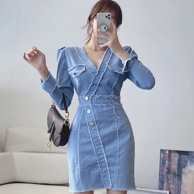2020 Fashion Jeans Dress for Women Clothing Long Sleeve Singer Button Wrap Blue Dress Woman Casual Elegant Mini Fall Dress Lady