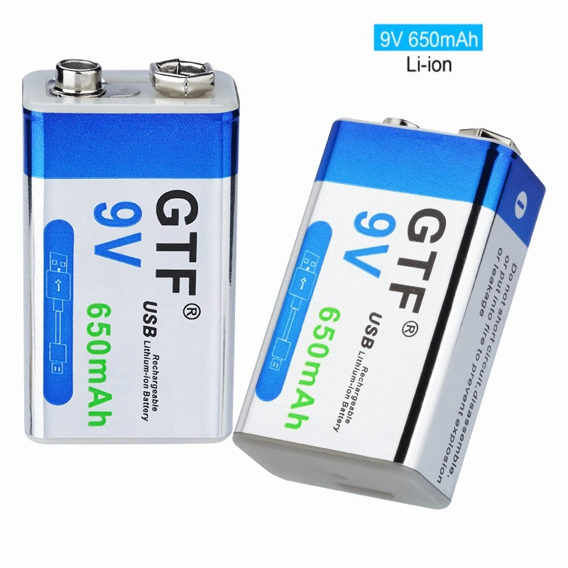 GTF 9V 650mAh USB Lithium Battery 6F22 6LR61 Li-Ion Rechargeable Battery for toys massagers multimeters guitar with USB cable