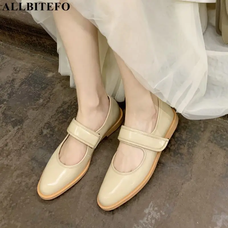 

ALLBITEFO Size 33-40 Round Toe Pure Colour Fashion Casual Real Genuine Leather Street Low Heel Shoes Spring Women Heels Shoes