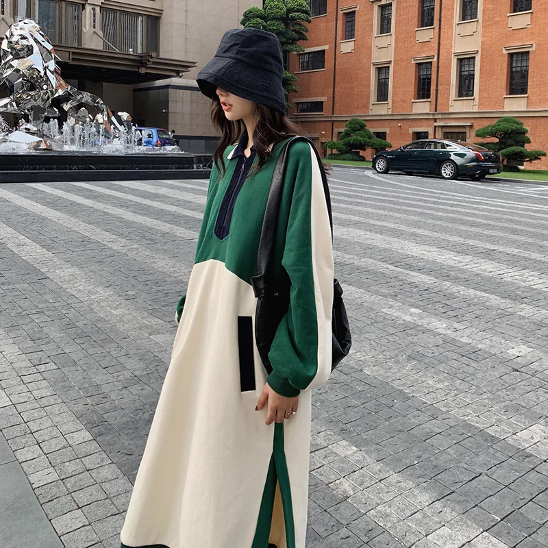 

Photo Shoot 2019 Autumn New Style Korean-style Loose-Fit Mid-length Contrast Color Casual Versatile Pullover Hoody Dress Women's