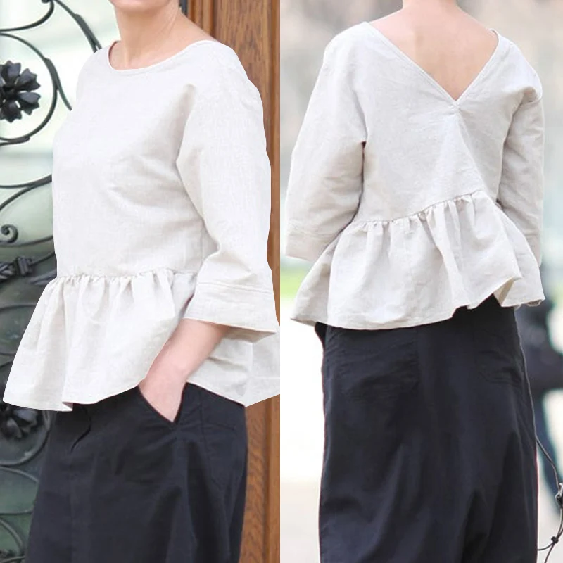 

Women Ruffles Blouses Vintage Linen Tunic Tops Celmia 2019 Fashion Back V neck Casual Loose Peplum Shirts Solid Blusas Plus Size