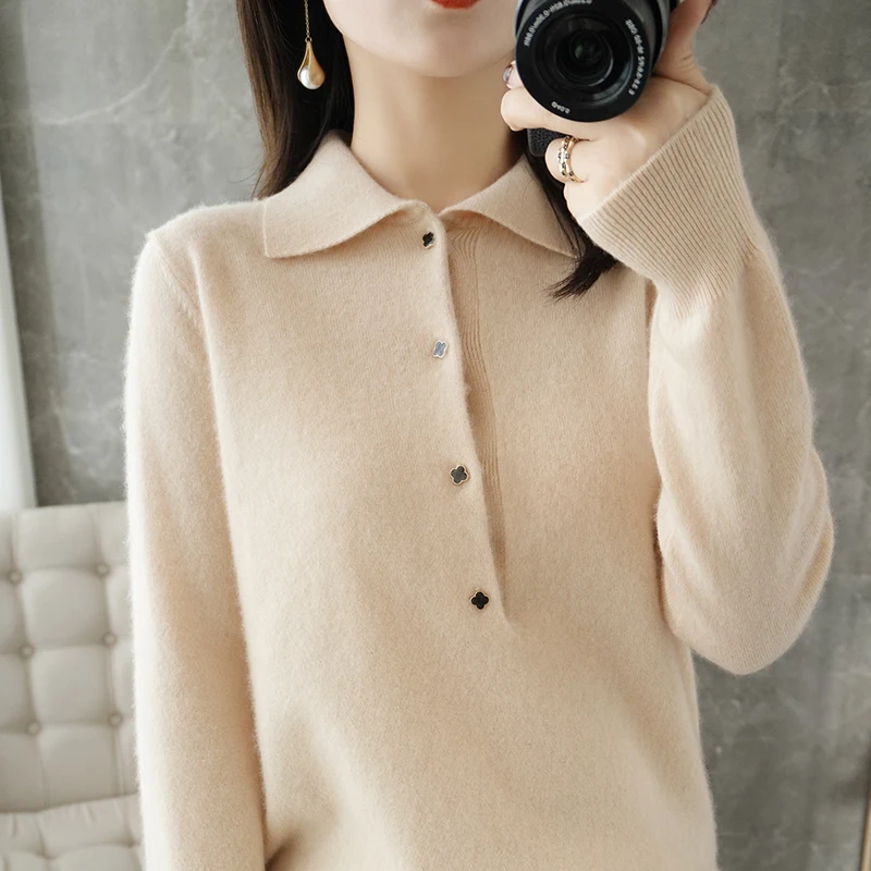 캐시미어 스웨터, 2021 년 최신 여성 겨울 100% 울 턴 다운 칼라 스웨터, 캐주얼 니트웨어, 플러스 사이즈, 단색, 루즈한 여성 상의