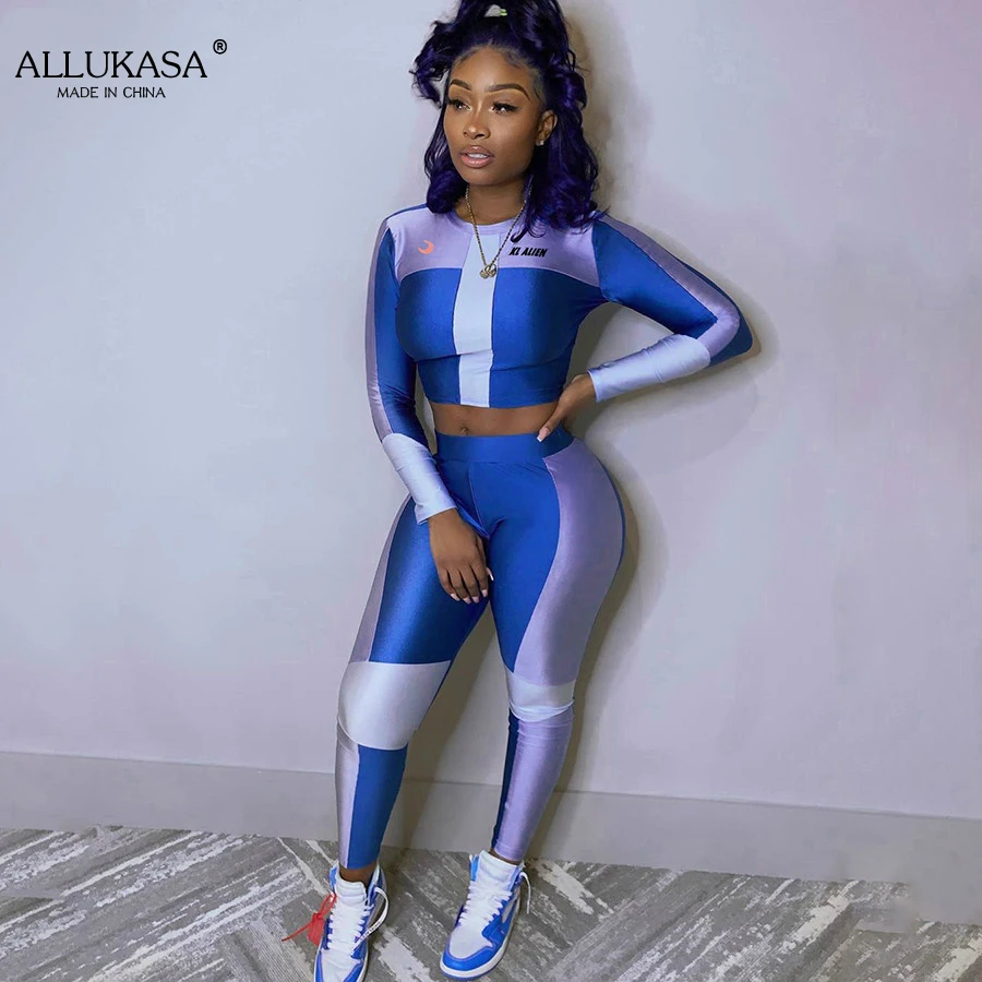 

KLALIEN stretchy tracksuits crop t-shirt + high waist legging sportwear 2020 new women casual fitness letter print 2 pieces sets