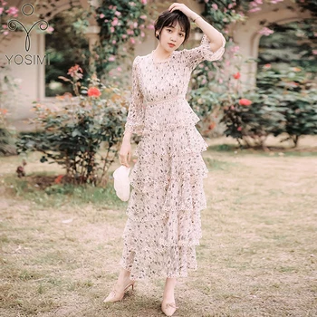

YOSIMI Pink Floral Lace Long Women Dress 2020 Summer Maxi Hollow Out Elegant O-neck Slim Ankle-Length Evening Party Cake Dresses