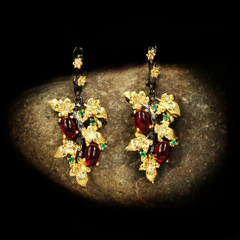 Colgante de hoja de rubí y oro negro para mujer, pendientes de plata 925 con piedras preciosas de cristal, joyería para mujer, aretes de plata 925