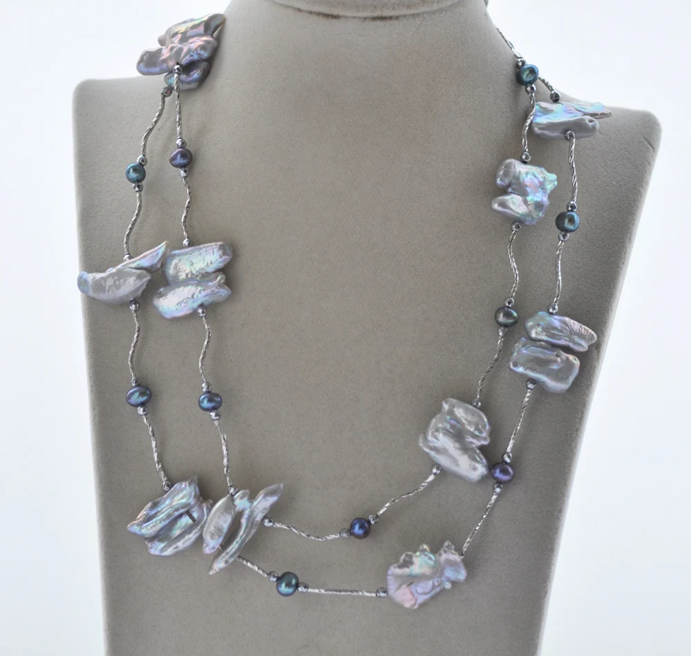 

MCT·STAR Z10782 40" 30mm Gray Baroque Double Biwa Black Round Pearl Hematite Necklace