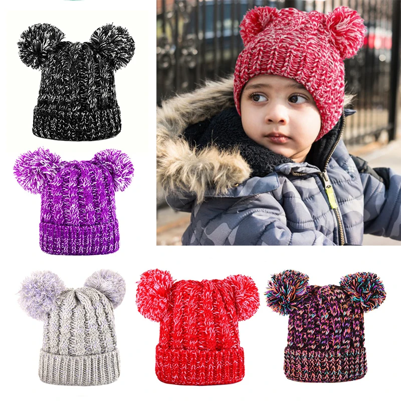 Kid Knit Hat Autumn and Winter Weaving Double Ball Boys and Girls Hat With Two Double Pom Pom Beanie For Cute Boys Girl 1-3Years