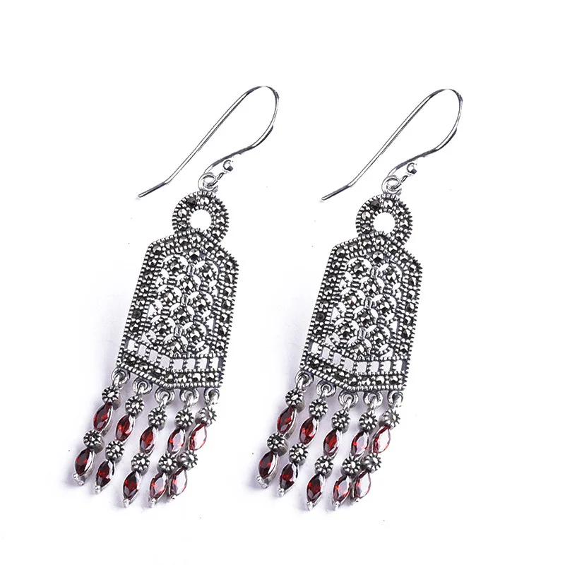 BOCAI 100% S925 Sterling Silver Ear Drop 2021 Fashion Simple Thai Silver Tassel Garnet Jewelry Pure Augentum Earrings For Women