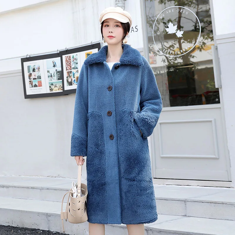 Высококачественная зимняя женская куртка с отложным воротником из овечьей шерсти, Женское пальто, теплая плотная длинная парка - Цвет: Синий