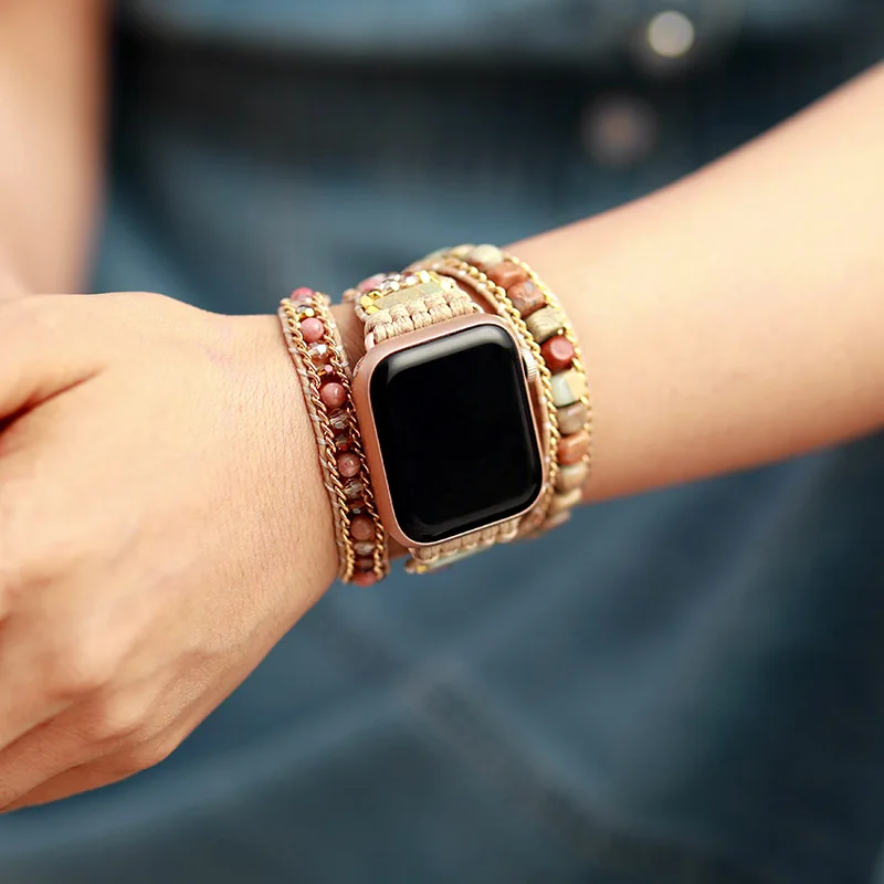 Creative Natural Gems Stone Aple Watch Band Beads Boho 3X Wrap Vegan Rope Watch Strap Wristband Bracelet Accessories