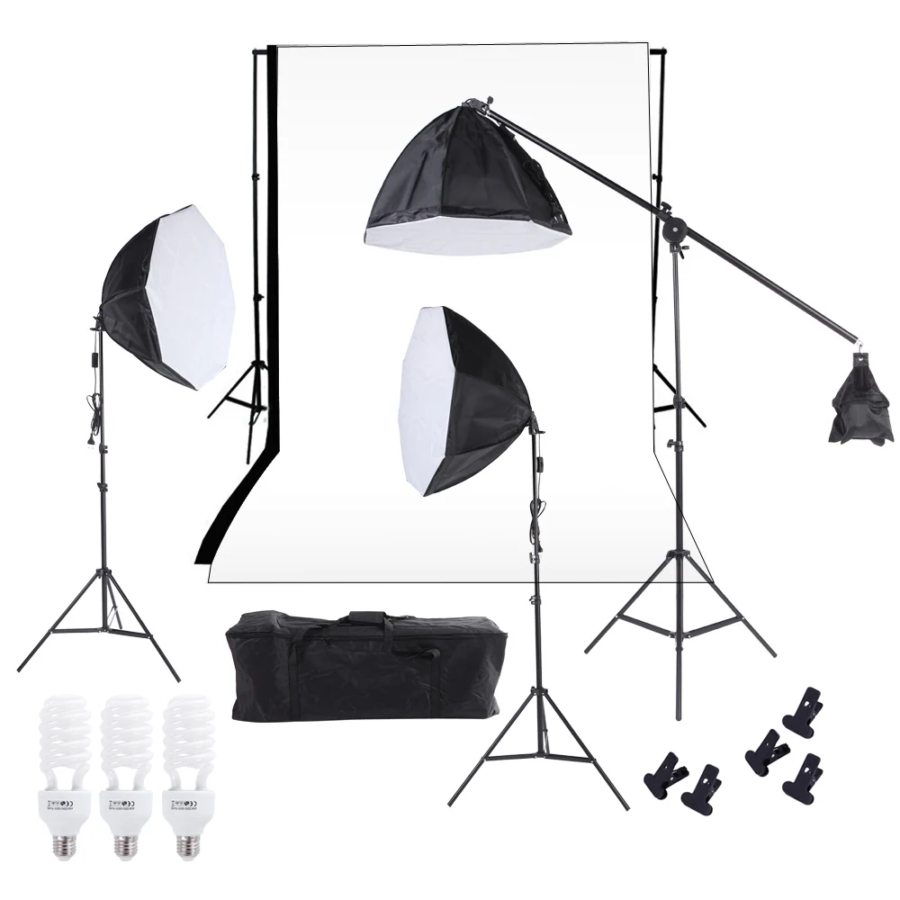 

Photo Studio Lighting Softbox Photo Light Backdrop Stand Kit w/ Three 60cm Octagon Softbox Cantilever Light Stand Bulbs Backdrop