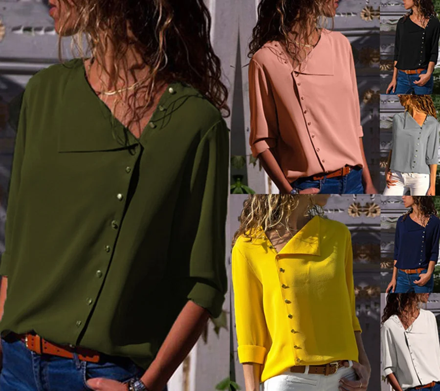 

Europe and the United States autumn fashion button irregular oblique collar long-sleeved blouse shirt A3 9