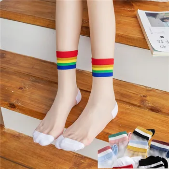 

Rainbow Striped Transparent Women Socks Cool Japanese Ultrathin Glass Silk Novelty Fishnet Female Mid-calf Length Sheer Socks