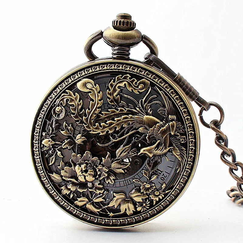 

Exquisite Bird Flower Hollow Relief Mechanical Pocket Watch Vintage Steampunk Fob Chain Men's Watch The Best Holiday Gift