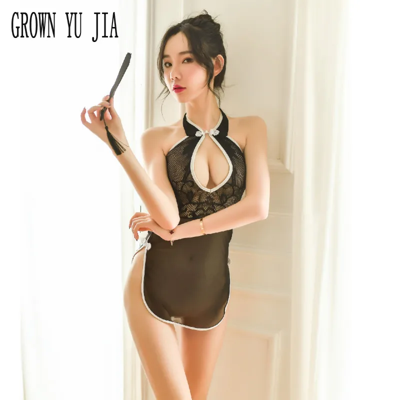 

Erotic Cosplay Costume French Maid Uniform Sexy Retro Perspective Net Cheongsam Dress Porno Lingerie Backless Sex Qipao Skirt