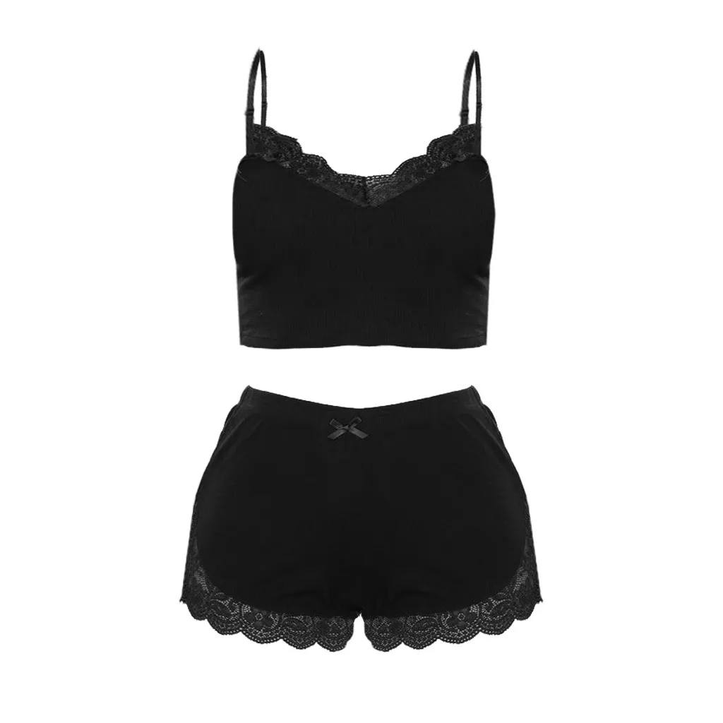 Женская одежда для сна, сексуальный модальный комплект, кружевной топ с v-образным вырезом без рукавов и шорты, комплект пижамы, ночное белье, черное нижнее белье# p3