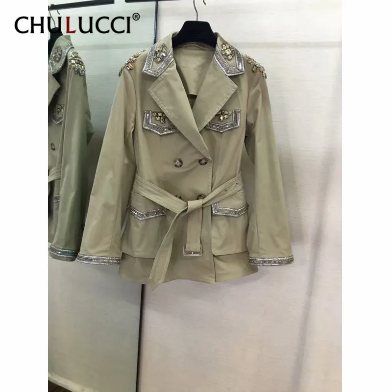 

8.14 2019 New Fashion Woman Double Breasted Diamonds Trench Coat Women Khaki Slim with Belt