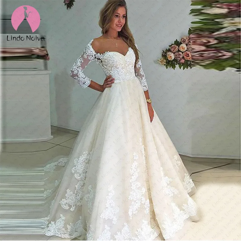 Vestido De Noiva 2019 изготовленное на заказ декольте 3/4 рукава Кружева Линия свадебное платье элегантные кружевные свадебные платья Robe De Mariee