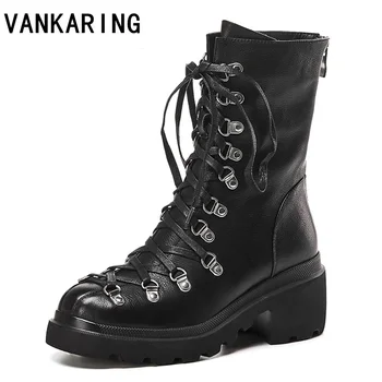 

fashion genuine leather punk rivets black boots women autumn winter lace-up platform shoes woman party ankle boots high heels