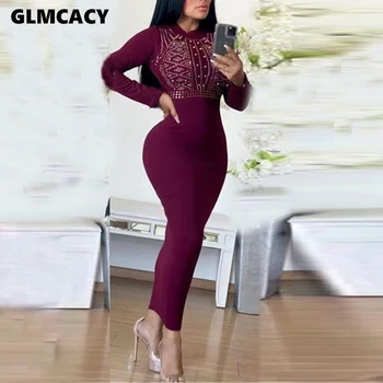 

Women Plus Size Stamp Sequined Bodycon Dress shining Stretch Solid Slim Spring Fall O-neck Party Long Dress