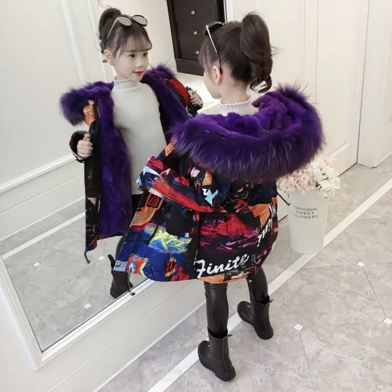 Fashion Children Winter down cotton Jacket Girl clothes Kids Warm Thick fur clothing Hooded long Coat For Teenage 4Y-13Y