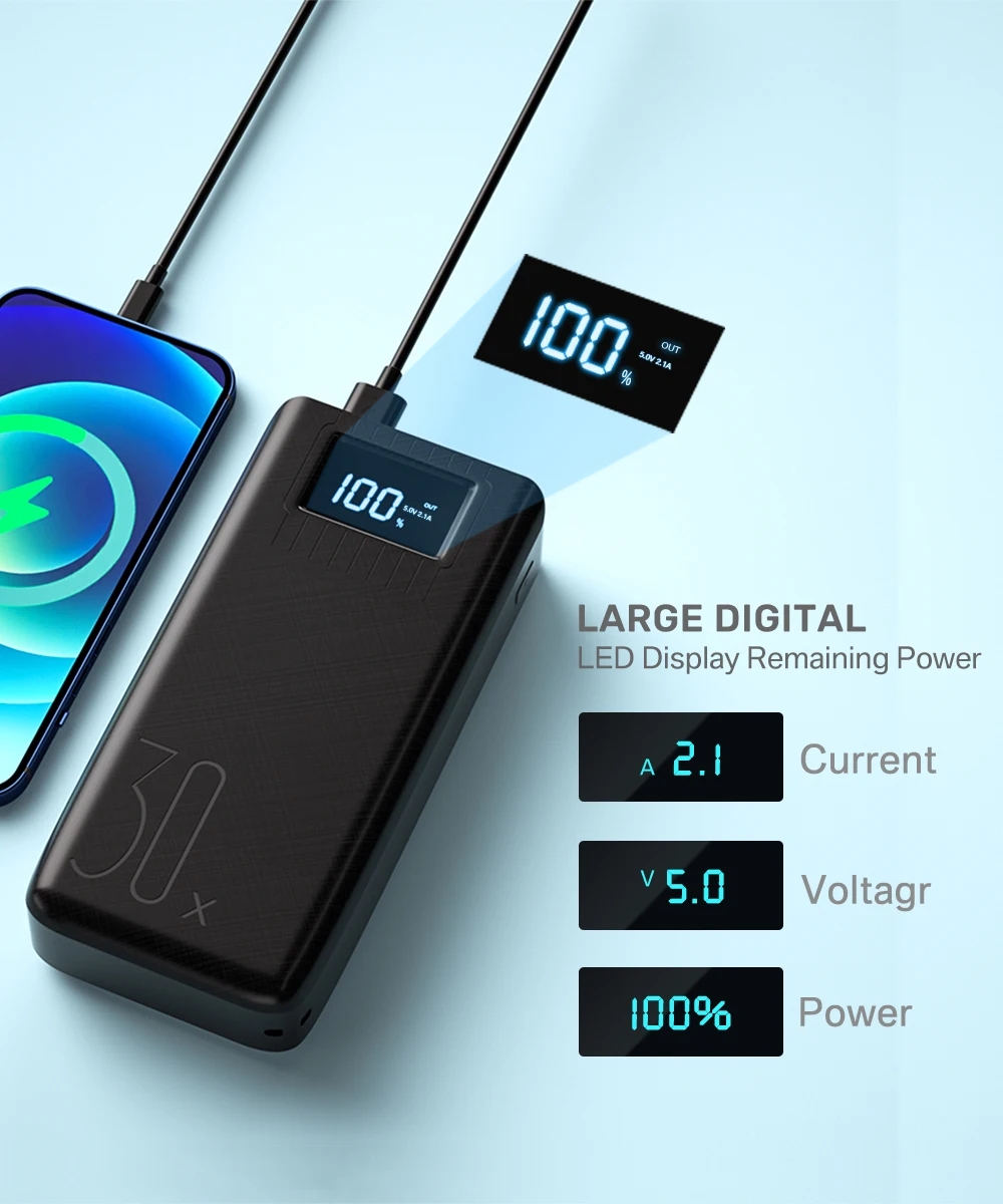 mini power bank Power Bank 30000mAh TypeC Micro USB C Powerbank LED Display Portable External Battery Charger 30000 mAh For iPhone Xiaomi Tablet power bank 20000mah