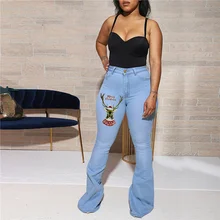 

Casual Print Jeans Women Clothing Christmas Style Elk Cowboy Bootcut Pant Fashion Washed High Waist Denim Flared Trousers PT8490