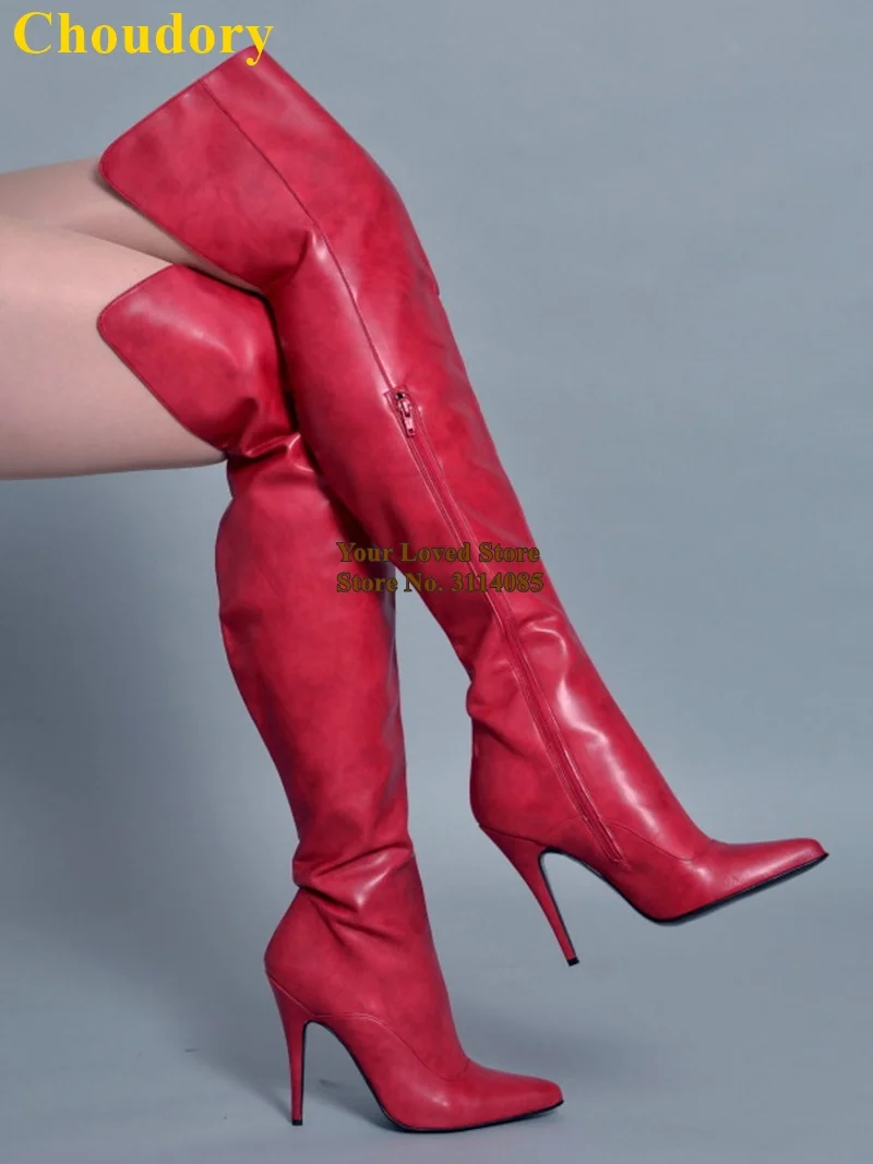 red as picture Choudory/Сапоги выше колена; цвет красный, белый, черный; сапоги до бедра на высоком тонком каблуке на молнии; высокие сапоги; сезон осень-зима; Уличная обувь под платье - Цвет: red as picture