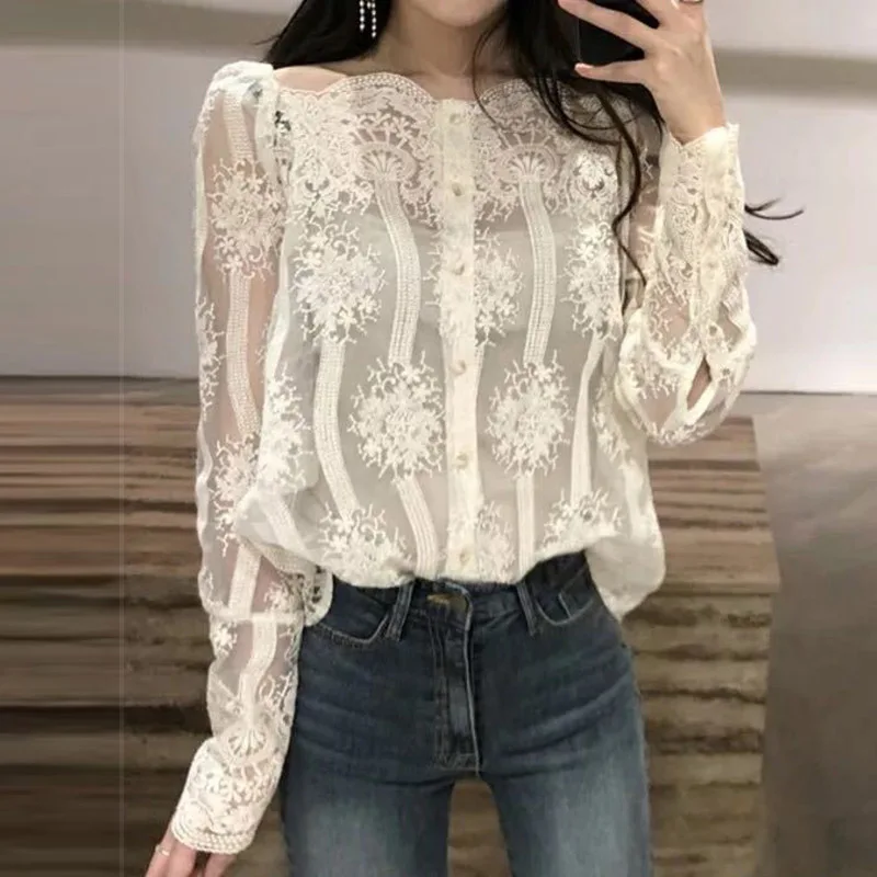 

Fashion Women Off Shoulder Shirt Elegant Button Down Lace Floral Blouse Sexy Mesh Tops Chic Blouses Solid Ladies Work Blusas