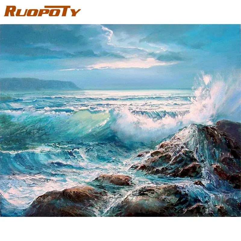 

RUOPOTY Sea wave DIY Painting By Numbers Modern Home Wall Art acrylic paint by numbers Wall Decor Canvas Painting
