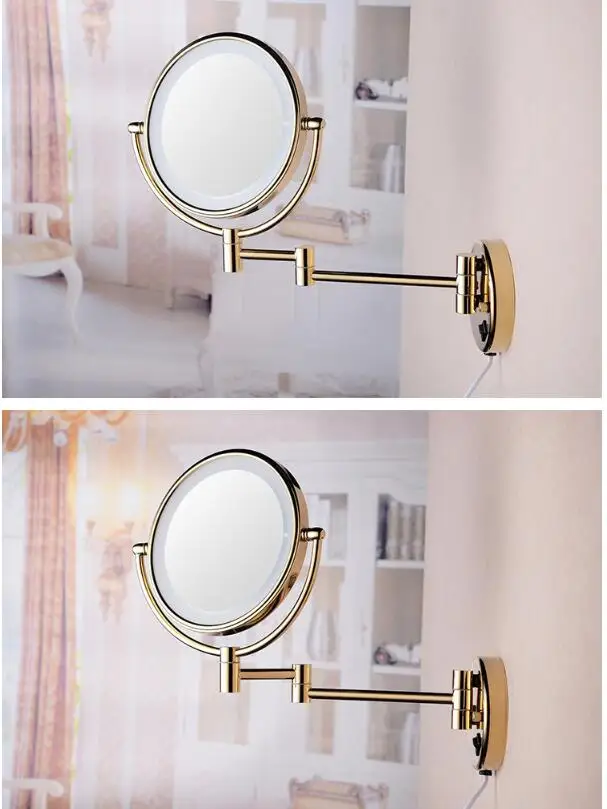 Vidric Hot Bathroom Gold Wall Mounted 8 inch Brass 3X/1X Magnifying Mirror LED Light Folding Makeup Mirror Cosmetic Mirror Lady
