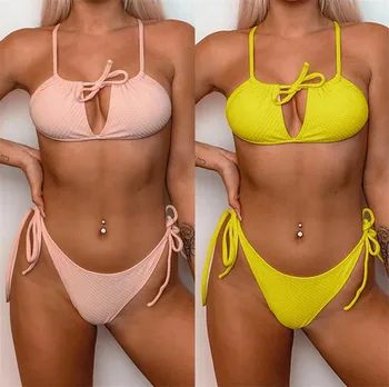 

2020 Europe and the United States sexy bikini pop-up pit strip drawstring solid color swimsuit fast selling split swimsuit woman