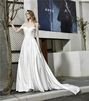 

Sexy Off Shoulder Wedding Dress Backless Lace Vintage Sequins Satin Chapel Train Bridal Gowns